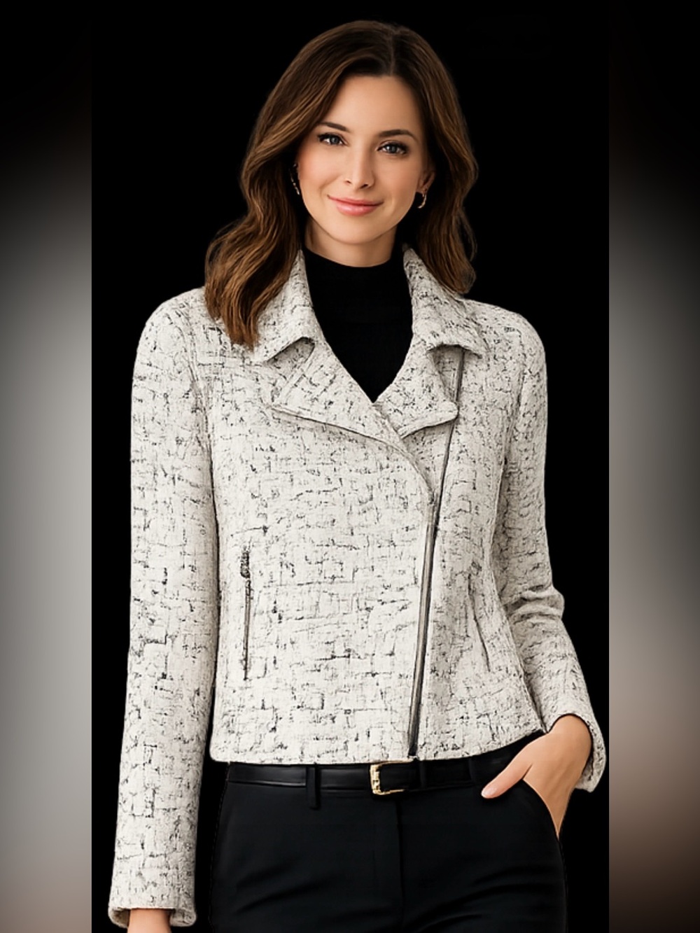 Max Studio Bouclé Tweed Jacket SM Black White Parisian Inspired Blazer Moto Zip - Picture 1 of 6